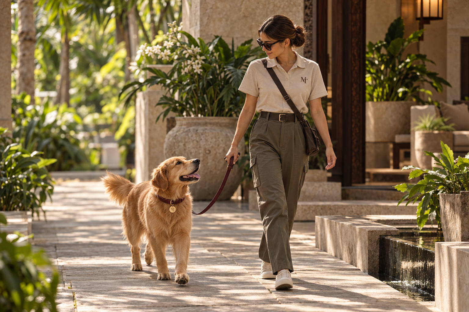 Maison Tail uniform concept: a sitter in a monogrammed sand polo and olive trousers walking a golden retriever